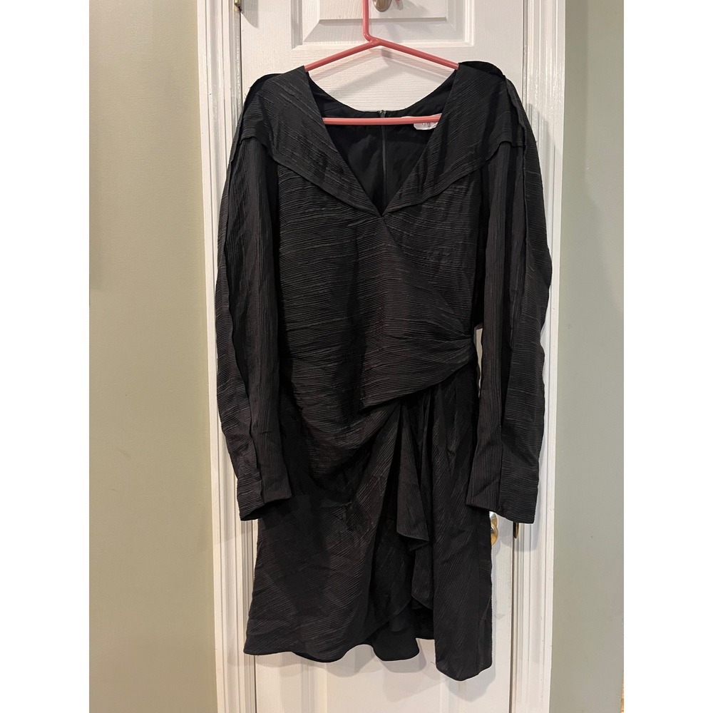 IRO Paris Black Textured Crinkle Draped Wrap Dress Long Sleeve V-Neck LBD b6